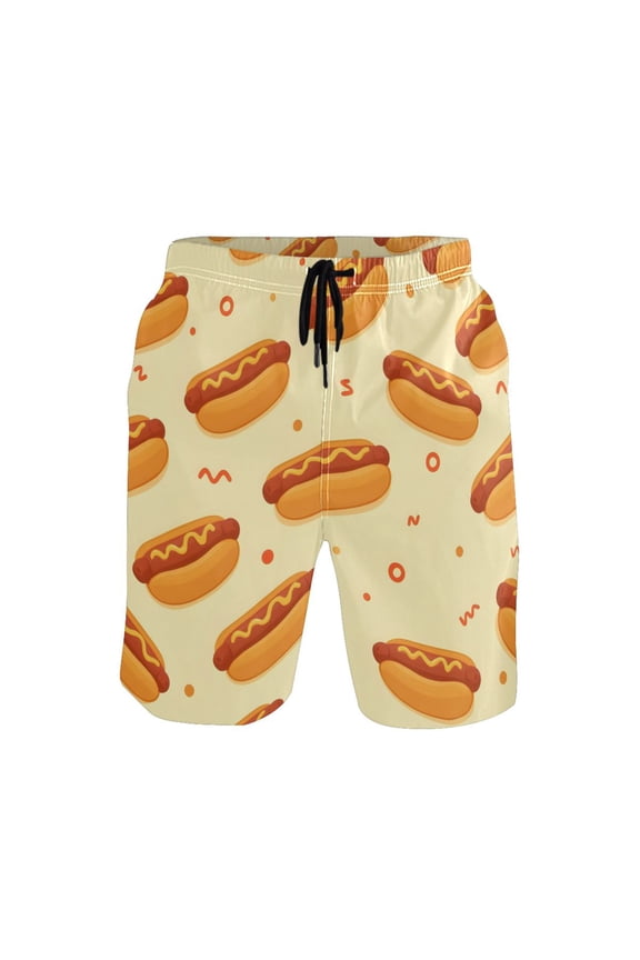 Cartoon Hot Dog Pattern Mens Swim Trunks Quick Dry Board Shorts Breathable Fit Beach Shorts Swimwear