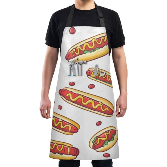 Cartoon Hot Dogs Chef Kitchen Apron with Pockets for Women Waterproof Aprons for Cooking Baking