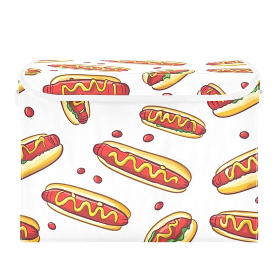 Cartoon Hot Dogs Large Storage Bins with Linen Collapsible Lid Storage Box 16.7 x 12.6 x 11.8in