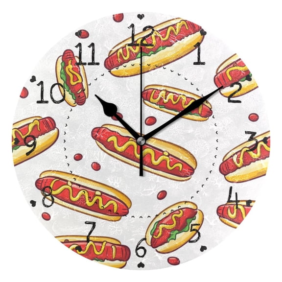 Cartoon Hot Dogs Round Wall Clock Silent Battery Operated Home Decor for Living Room Bedroom