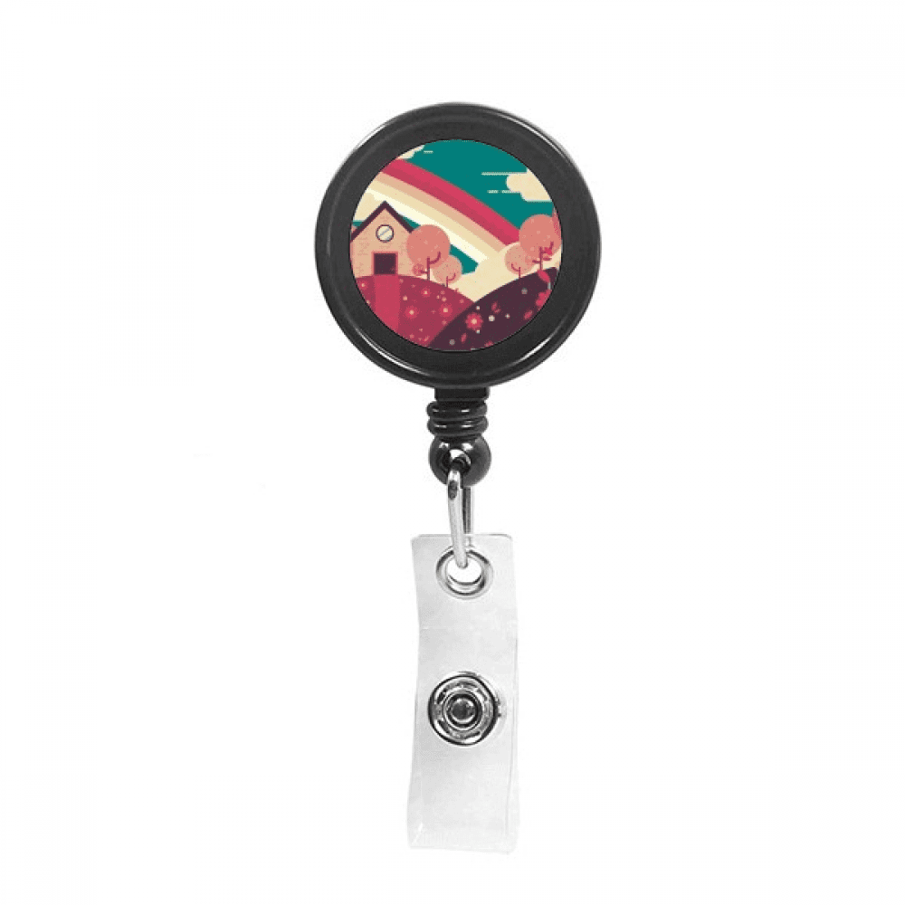 Cartoon House Landscape Painting Pattern Retractable Keychain Badge Holder ID Badge