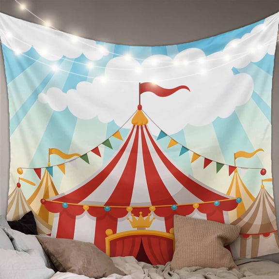Cartoon House Small Tapestry for Bedroom Wall Hanging Tapestry, Funny Playground Blue Sky White Cloudy Ceiling Backdrop Tapestries Poster Blanket Wall Decor for Teens Room Living Room Dorm 23" x 28"