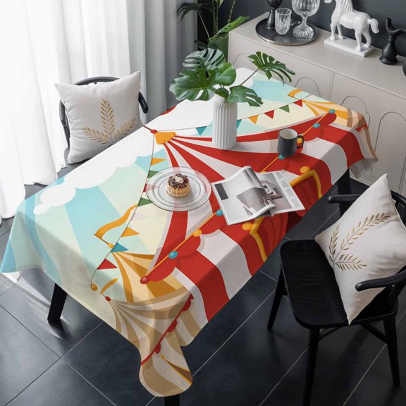 Cartoon House Table Cloth Waterproof Tablecloths, Funny Playground Blue Sky White Cloudy Tablecloth Dining Table Cover for Kitchen Party Tabletop Outdoor, Rectangle Tablecloth 60x120 Inch