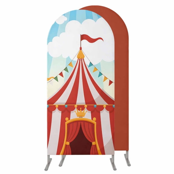 Cartoon House Wedding Arch Cover,Stretchy Spandex Arch Backdrop Stand Covers 4 FT,Funny Playground Blue Sky White Cloudy Round Top Arched Backdrop Cover for Birthday Party Ceremony Baby Shower Event