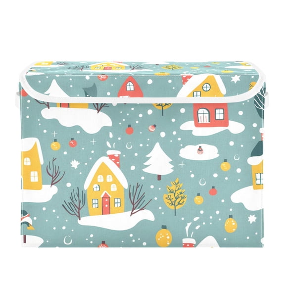 Cartoon Houses Trees with Snow Winter Foldable Storage Bin with Lid and Handle Collapsible Storage Box 16.5 x 12.6 x 11.8 inches