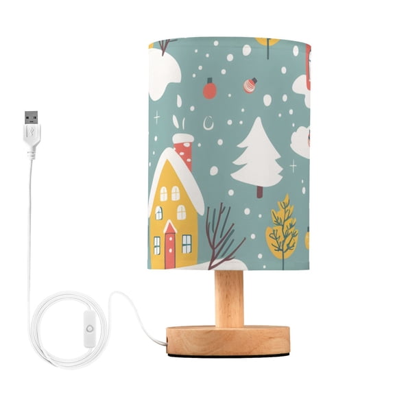 Cartoon Houses Trees with Snow Winter Table Lamp with USB Port LED Warm Light Lamp Night Light Home Decor