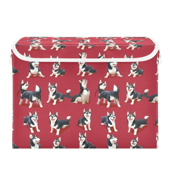 Cartoon Husky Red Large Storage Bins with Linen Collapsible Lid Storage Box 16.7 x 12.6 x 11.8in