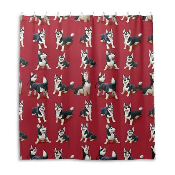 Cartoon Husky Red Shower Curtain Liner 66x72 Inch Waterproof Shower Curtains Decorative Bathroom with 12 Pack Hooks