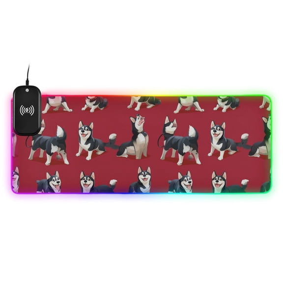 Cartoon Husky Red Wireless Charging RGB Gaming Mouse Pad Large Keyboard Mat Rubber Base 13 Light Modes