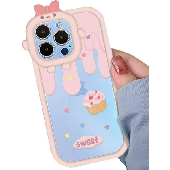 Cartoon Ice Cream Cake Phone Case with Bow Knot Cutie Camera Frame Lens Protection, Shockproof Soft Case for iPhone 14 Plus