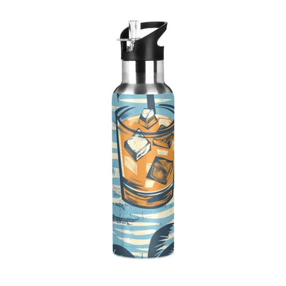 Cartoon Iced Orange Juice Palm Sports Bottle with Straw Stainless Steel Water Jug Portable Thermal Cup Leak-proof 600ML