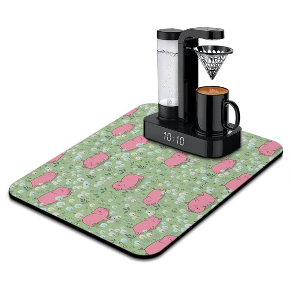 Cartoon Illustration Coffee Station Mat - 4-Layer Non-Slip Mat for Coffee Bar, Minimalist Pig Aesthetic