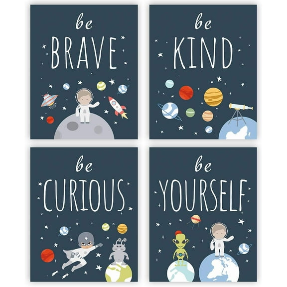Cartoon Inspirational Art Print,Outer Space Planet Wall Art Painting,Motivational Quote Canvas Posters For Boys Bedroom Nursery Decor,Set of 4(8" X 10") Unframed