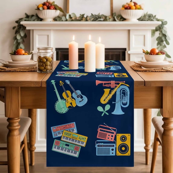 Cartoon Instruments on Navy Blue Table Runner 13x90in Non-Slip Cotton ...