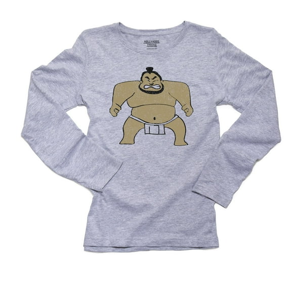Cartoon Japanese Sumo Wrestler - Awesome Graphic Women's Long Sleeve Grey T-Shirt