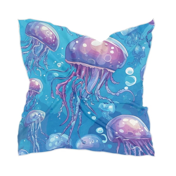 Cartoon Jellyfish Square Silk Scarf, 23.62×23.62in Polyester Simulated Silk Satin Scarf Tops for Women Head Wraps Shirt Bandana Curly Hair Tie Headband Headscarf