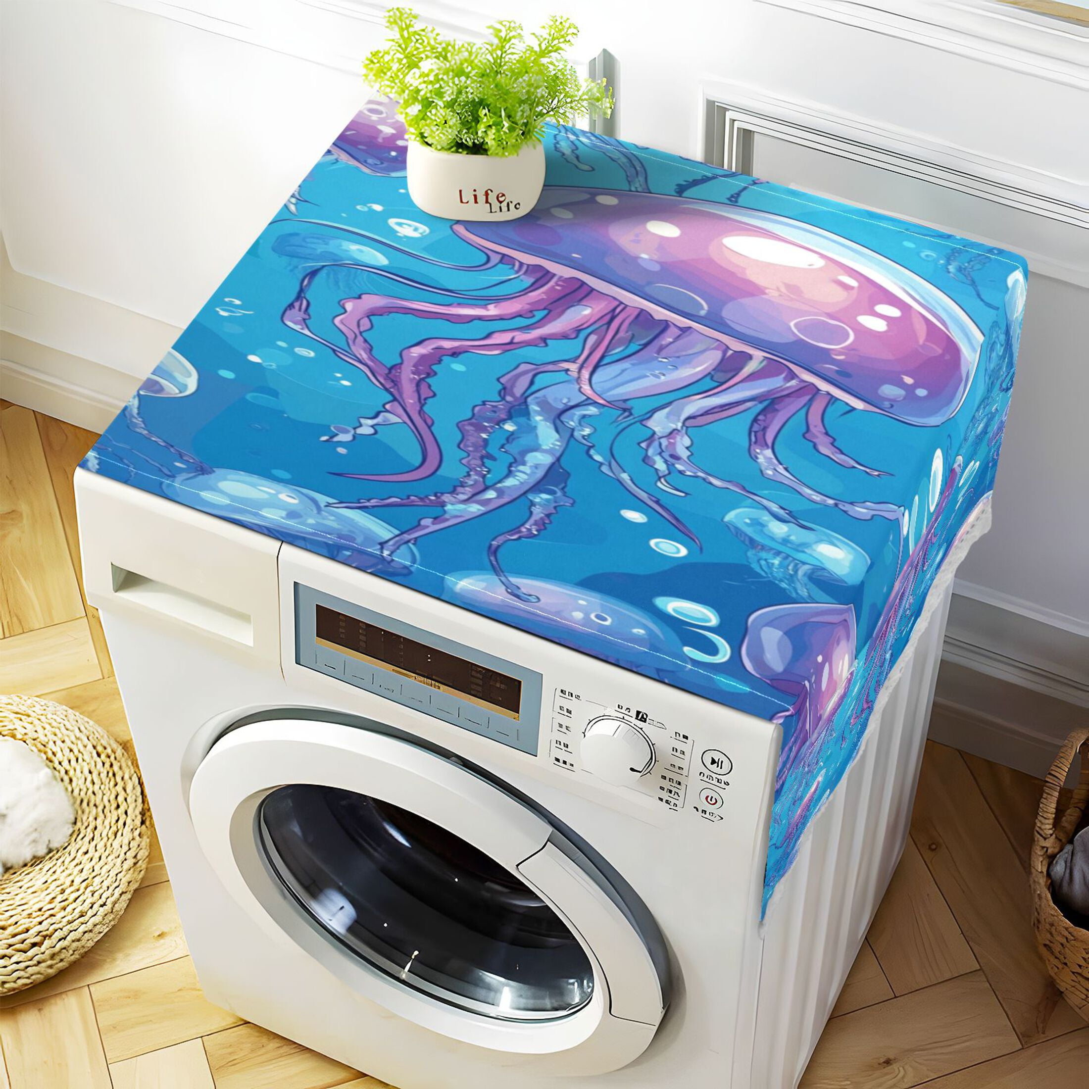 Cartoon JellyfishWasher and Dryer Covers Dust-Proof and Oil Resistant Fridge Cover with 4 Storage Pockets Washing Machine Top Cover for Laundry Kitchen Home 51.2 x 22 In