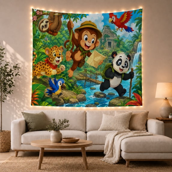 Cartoon Jungle Adventure With Group Expressive Animals Tropical, Mystical Fantasy for Space Lovers, Galaxy Room Decor, Mother's Day Gift, Tapestry Wall Hanging for Bedroom and Dorm