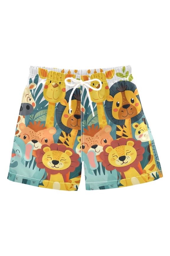 Cartoon Jungle Animals Boys Swim Trunks Quick Dry Boy Swim Shorts for 3-14 Years