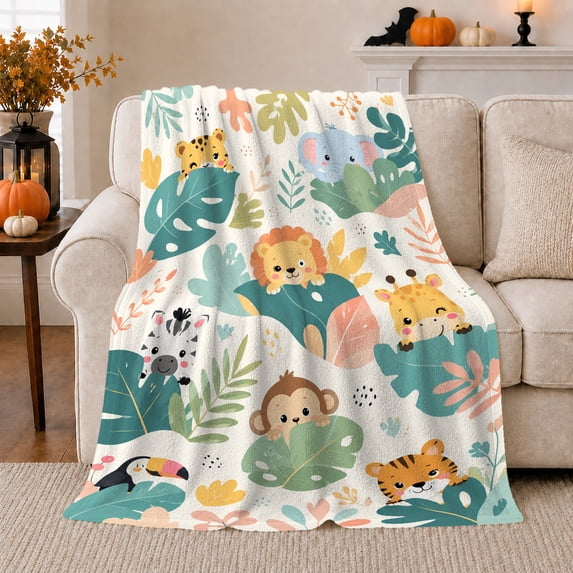Jungle Animals Behind Tropical Leaves in Soft Colors, Playful Pastel for Animal Illustration Enthusiasts, Just Because Gift, Flannel Blanket with Home Decor for Bedroom and Living Room