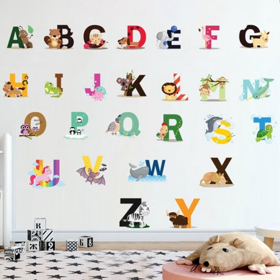 Cartoon Jungle Wild 26 Letters Alphabet Animals Wall Stickers for Kids RoomsMPWL