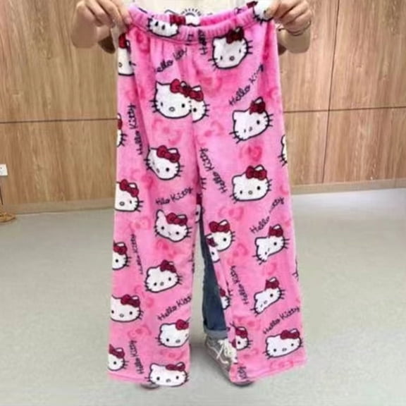 Cartoon KT Cat Flannel Pajama Pants Female Autumn/Winter Coral Fleece Thick and Warm Comfortable Casual Homewear Pants ,Can Be Worn Outdoors