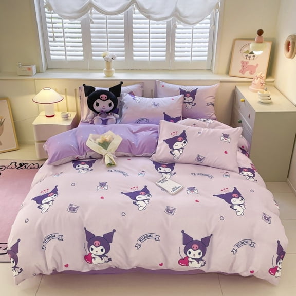 Cartoon KT Cat Kuromi Cinnamoroll Bedding 4-Piece Set Duvet Cover Flat Bed Sheet Pillowcases  Dormitory 3-Piece Set