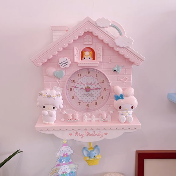 Cartoon KT Cat My Melody Cinnamoroll Household Decorative Wall Clock  House-shape Quartz Wall Clock Gift