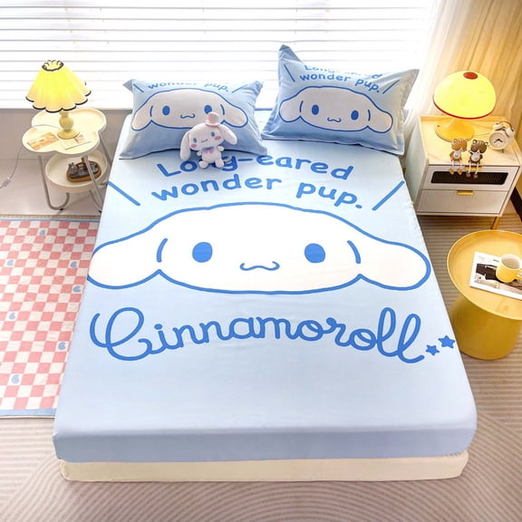 Cartoon KT Cinnamoroll My MLD  Fitted Bed Sheet Three-piece Set(fitted Sheet+2*pillow Case) Two-piece Set Single Fitted Sheet Mattress Protective Cover Bed Spread Bed Cover Dust Cover