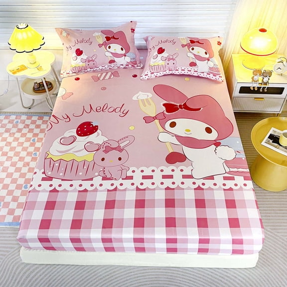 Cartoon KT Cinnamoroll My MLD Fitted Bed Sheet Three-piece Set(fitted Sheet+2*pillow Case) Two-piece Set Single Fitted Sheet Mattress Protective Cover Bed Spread Bed Cover Dust Cover