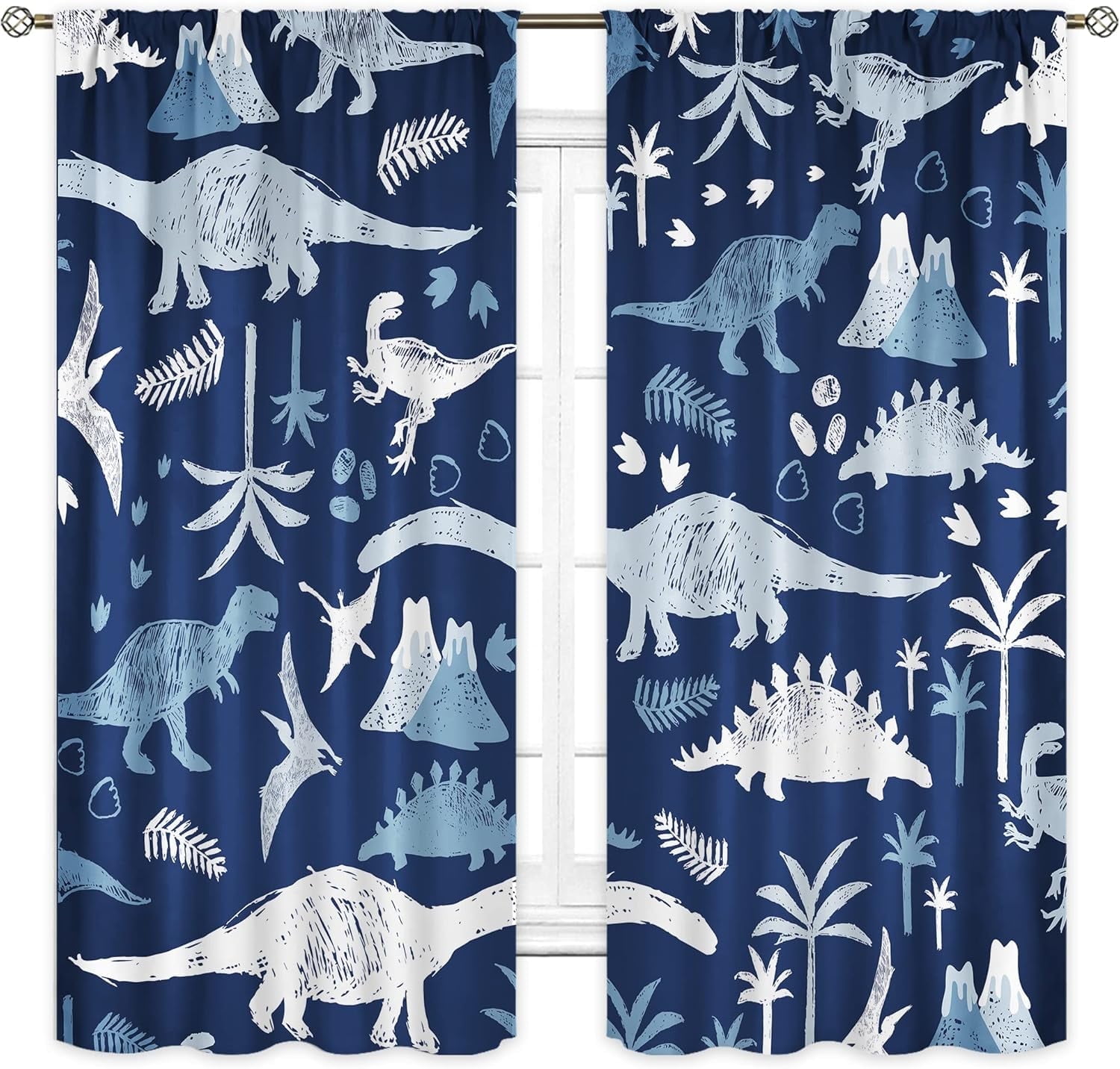 Cartoon Kids Blue Grey Dinosaur Curtains 42Wx63H Inch Rod Pocket Boys Cute Dino Safari Wildlife Child Funny Animal Palm Tree Printed Living Room Bedroom Window Drapes Treatment Fabric 2 Panel