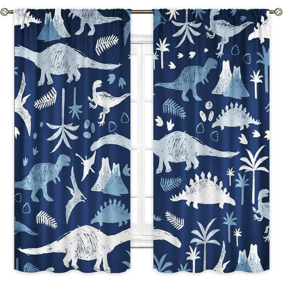 Cartoon Kids Blue Grey Dinosaur Curtains 42Wx63H Inch Rod Pocket Boys Cute Dino Safari Wildlife Child Funny Animal Palm Tree Printed Living Room Bedroom Window Drapes Treatment Fabric 2 Panel