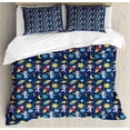 thumbnail image 1 of Cartoon King Size Duvet Cover Set, Cosmonaut Girl and Boy Siblings in Space Futuristic Moon Sun Adventure Caricature, Decorative 3 Piece Bedding Set with 2 Pillow Shams, Multicolor, by Ambesonne, 1 of 3