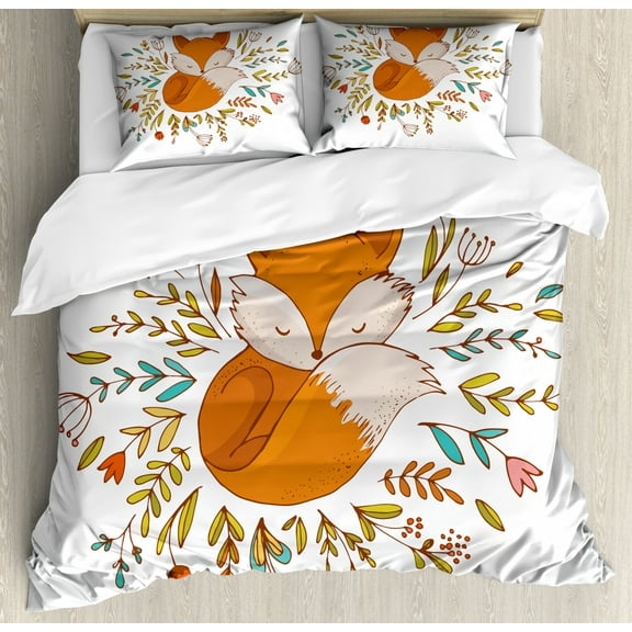 Cartoon King Size Duvet Cover Set, Cute Baby Fox Sleeping in a Floral Made Bed Circle Art Print, Decorative 3 Piece Bedding Set with 2 Pillow Shams, Dark Orange White Teal Coral, by Ambesonne