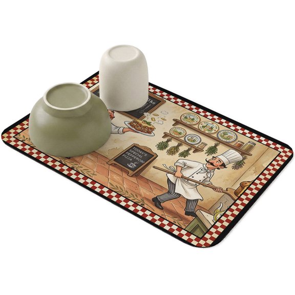 Cartoon Kitchen Chef Dish Drying Mat,Absorbent Diatomaceous Earth Mats Rustic Theme Red Beige Checkered Coffee Mat Dishes Drainer Pad for Kitchen Counter Rack Sink Utensils,12x16in