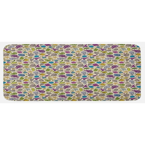 Cartoon Kitchen Mat, Colorful Undersea Ocean Creatures Shells Fish Tube Moss Hand Drawn Circles Image, Plush Decorative Kitchen Mat with Non Slip Backing, 47" X 19", Multicolor, by Ambesonne