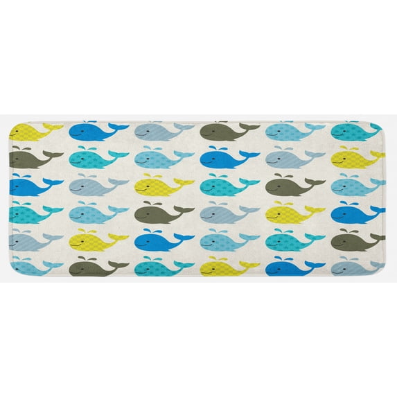 Cartoon Kitchen Mat, Colorful Whales Different Styles Dotted Squares Lines Animals, Plush Decorative Kitchen Mat with Non Slip Backing, 47" X 19", Charcoal Grey Pale Blue, by Ambesonne