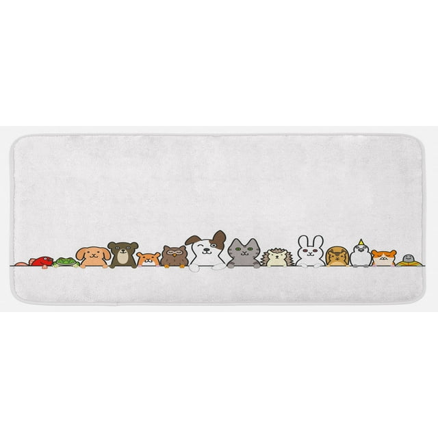 Cartoon Kitchen Mat, Domestic Pets Various Animals with Funny Expressions Humorous Cartoon Style, Plush Decorative Kitchen Mat with Non Slip Backing, 47" X 19", Multicolor, by Ambesonne