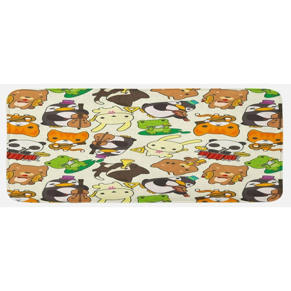 Cartoon Kitchen Mat, Style Animal Music Band Penguin on Cello Cat on Guitar Panda on Drums Print, Plush Decorative Kitchen Mat with Non Slip Backing, 47" X 19", Multicolor, by Ambesonne