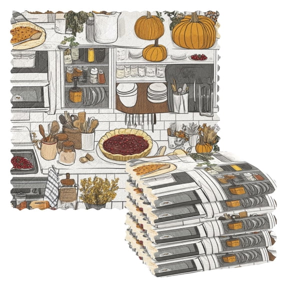 Cartoon Kitchen Pattern 6 Pack Kitchen Cleaning Cloths 11'' x 11'', Super Absorbent, Soft Double Layer Plush for Dish and Surface Cleaning