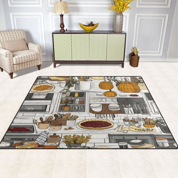 Cartoon Kitchen Pattern 63''x48'' Plush Memory Foam Bath Mat, Soft, Absorbent, Non Slip, Durable