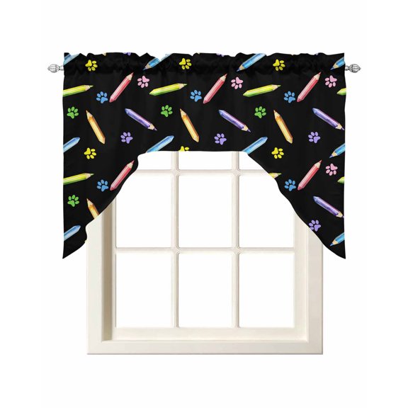 Cartoon Kitchen Swag Valances for Windows, Cute Colorful Pencil Paw Print Funny Black Swag Valances Curtains for Living Room, Rod Pocket Window Treatments for Bathroom, Bedroom, Cafe, 56"x36"