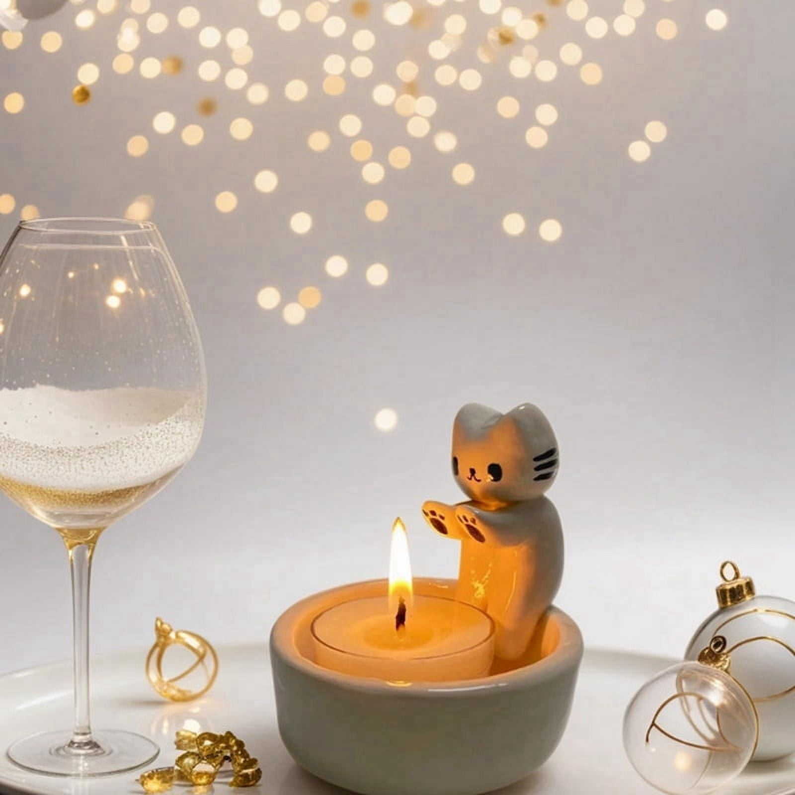 Something Different Handcrafted Wooden Curled Cat Tealight Holder With A Flower Shaped Tealight