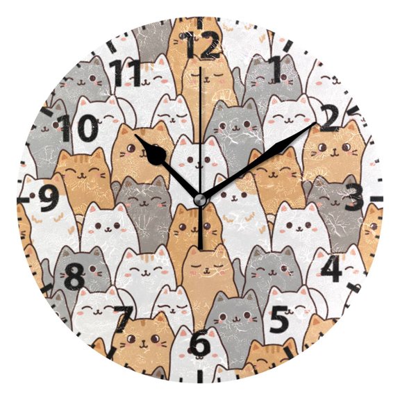 Cartoon Kitten Wall Clock 10in Round Artistic Oil Painting Home Decor Desk Table Clock