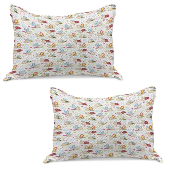 Cartoon Knitted Quilt Pillowcover Set of 2, Bugs with Colorful Flowers Ladybugs Dragonflies Bees Animal Fun, Standard Queen Pillow Sham Bedroom, 30" x 20", Pale Blue Pink Red, by Ambesonne