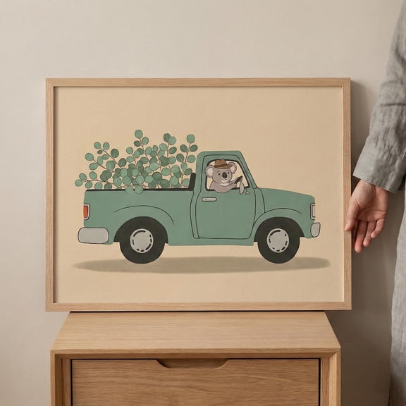 Cartoon Koala Art Green Truck Nursery Decor Eucalyptus Leaf Illustration Minimalist Unframed Paper Poster 11x14in