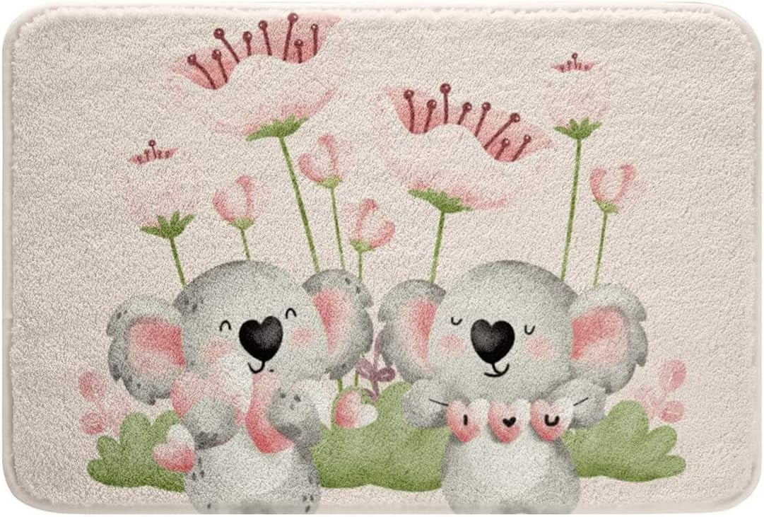 Cartoon Koala Bathroom Rug Pink Flowers Non Slip Bath Mat for Teens