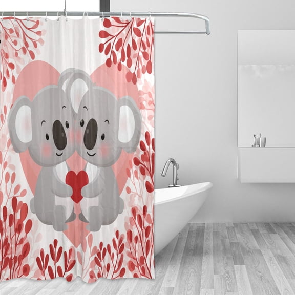 Cartoon Koala Couple Holding Heart Valentine Shower Curtains with 12 Hooks Waterproof Bathroom Decor 66" x 72"