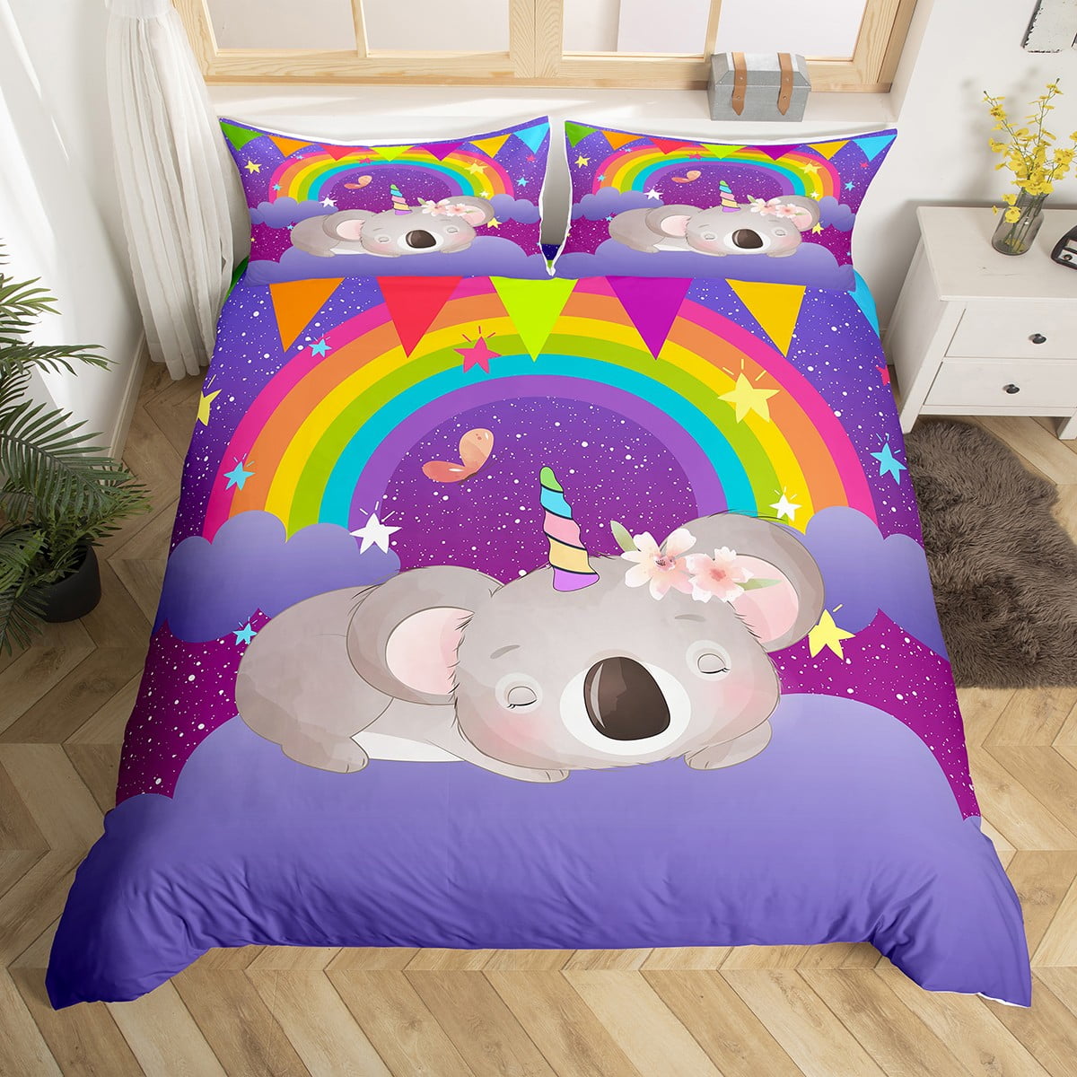 Cartoon Koala Duvet Cover Queen Cute Rainbow Galaxy Glitter Stars
