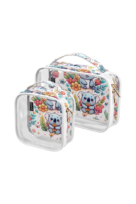Cartoon Koala and Flowers Clear Cosmetic Bags with Handles PVC Toiletry Bags Zipper Waterproof Portable for Traveling 2 Pcs